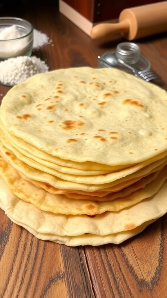 Homemade Corn Tortillas Recipe Freshly made corn tortillas stacked on a wooden table with masa harina and a rolling pin.